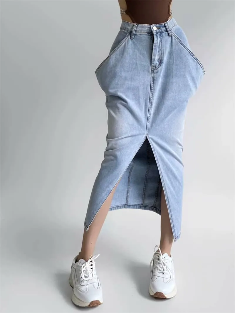 Denim Skirt with Oversized Pocket and Front Slit