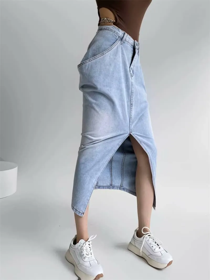 Denim Skirt with Oversized Pocket and Front Slit