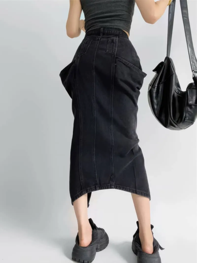 Denim Skirt with Oversized Pocket and Front Slit