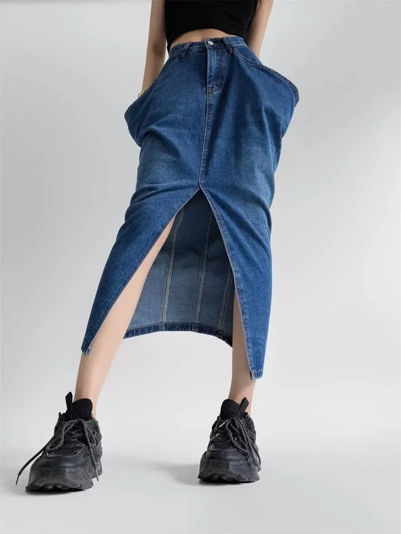 Denim Skirt with Oversized Pocket and Front Slit