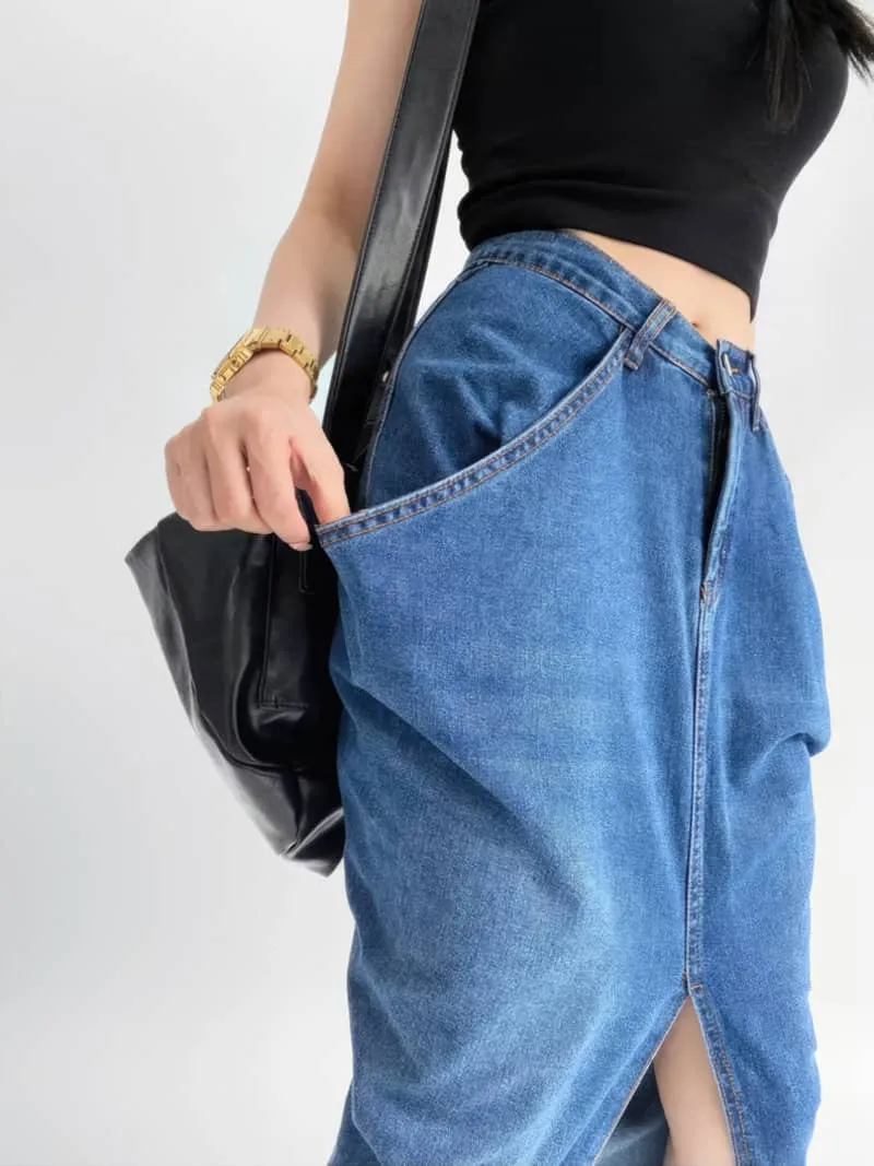 Denim Skirt with Oversized Pocket and Front Slit