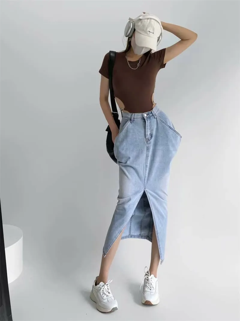 Denim Skirt with Oversized Pocket and Front Slit