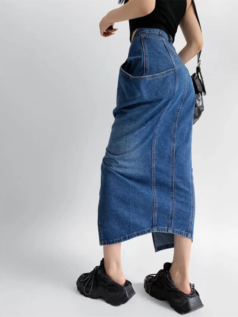 Denim Skirt with Oversized Pocket and Front Slit