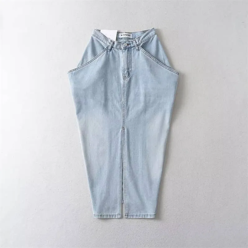 Denim Skirt with Oversized Pocket and Front Slit