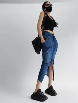 Denim Skirt with Oversized Pocket and Front Slit