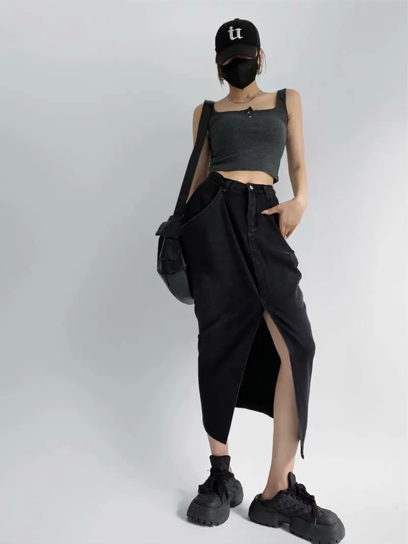 Denim Skirt with Oversized Pocket and Front Slit