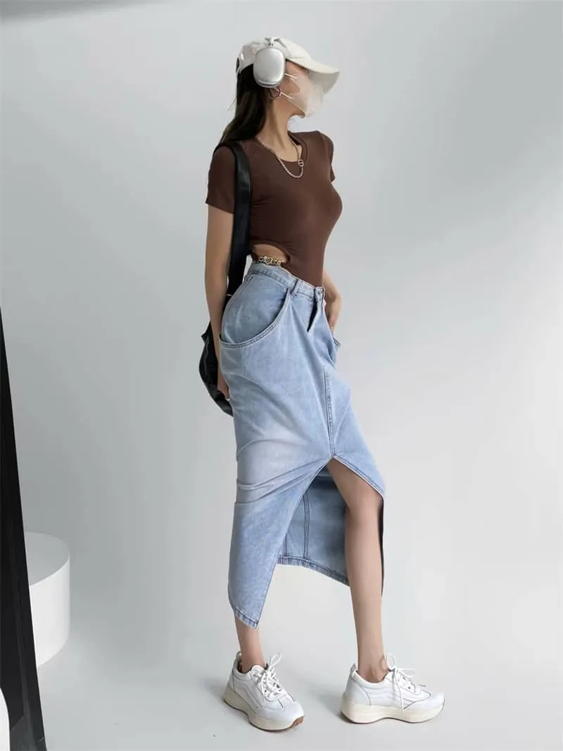 Denim Skirt with Oversized Pocket and Front Slit