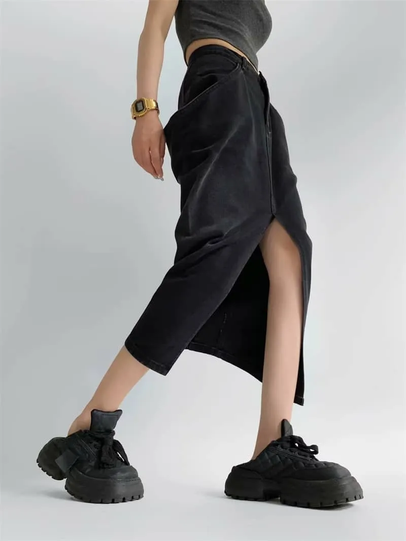 Denim Skirt with Oversized Pocket and Front Slit