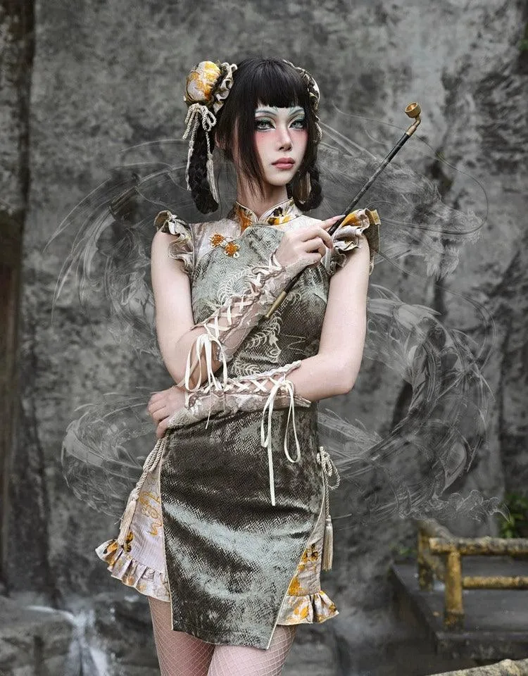 Dragon Embroidered Qipao With Floral Accents