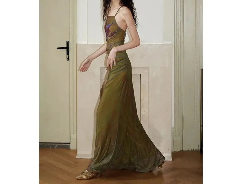 Girlary Summer Women's Dress Design Sense Vintage Halter Hollowed Out Print Waist Retraction Slim Fit Improved Cheongsam Ladies Clothing