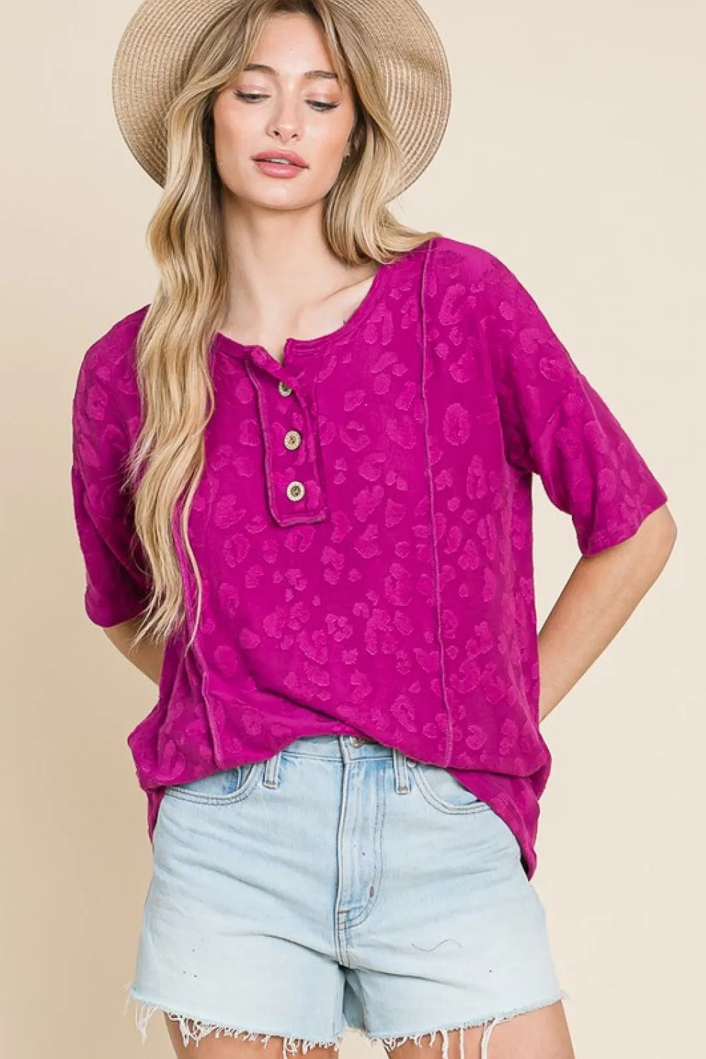 LADIES--Beautiful magenta, animal print textured Top, by BOMBOM
