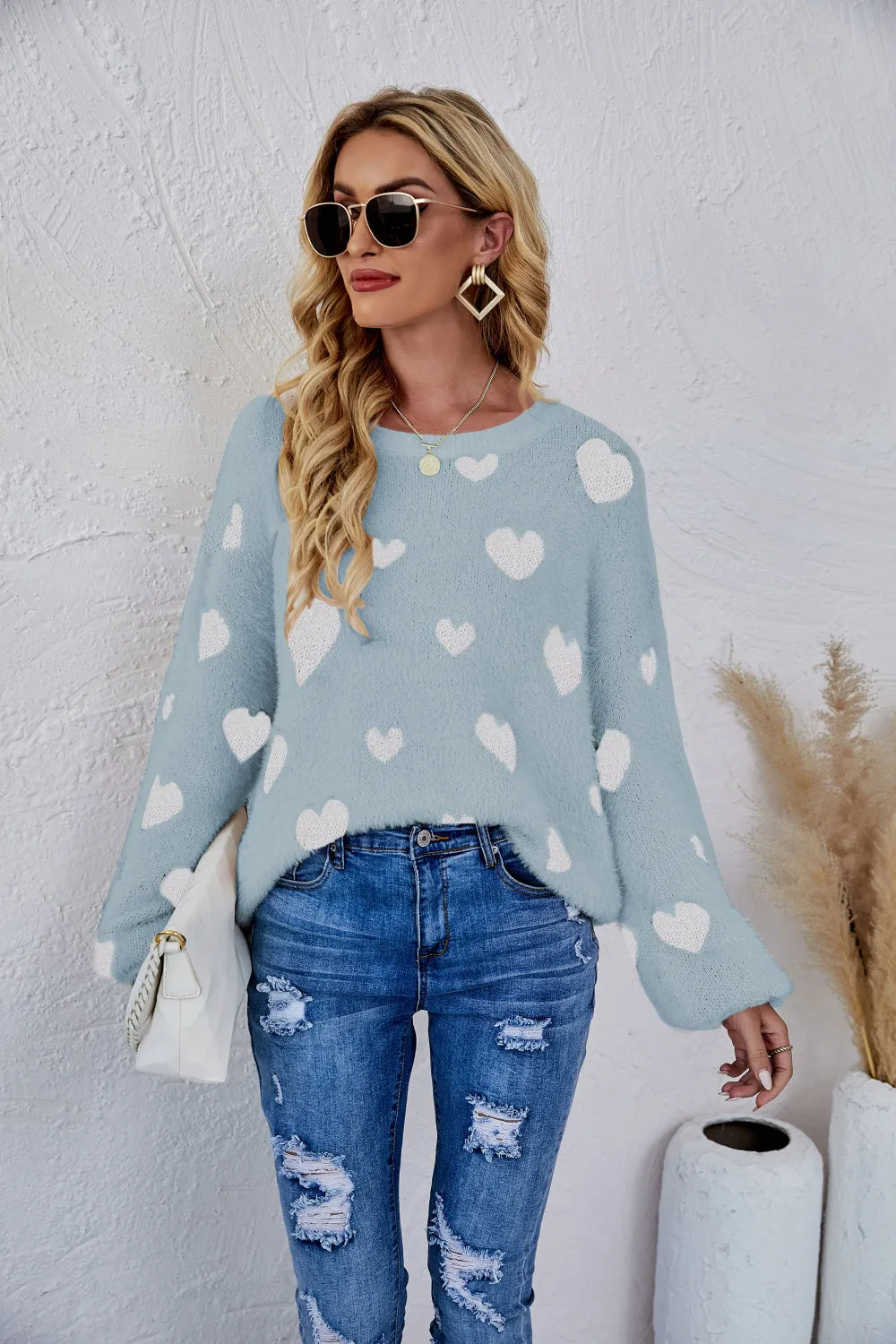 LADIES--HEART Fuzzy, Fun and Beautiful Sweater, Heart Print, Crewneck Long Sleeve Sweater