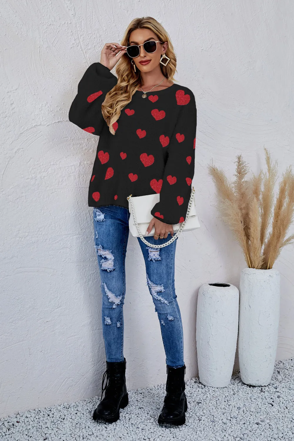 LADIES--HEART Fuzzy, Fun and Beautiful Sweater, Heart Print, Crewneck Long Sleeve Sweater