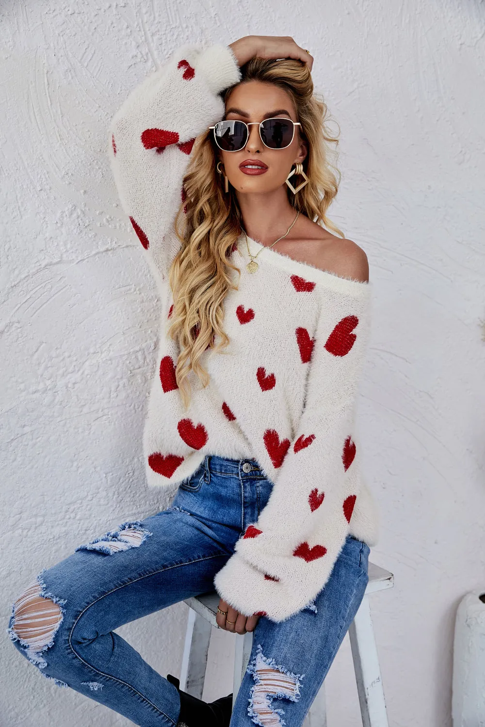LADIES--HEART Fuzzy, Fun and Beautiful Sweater, Heart Print, Crewneck Long Sleeve Sweater