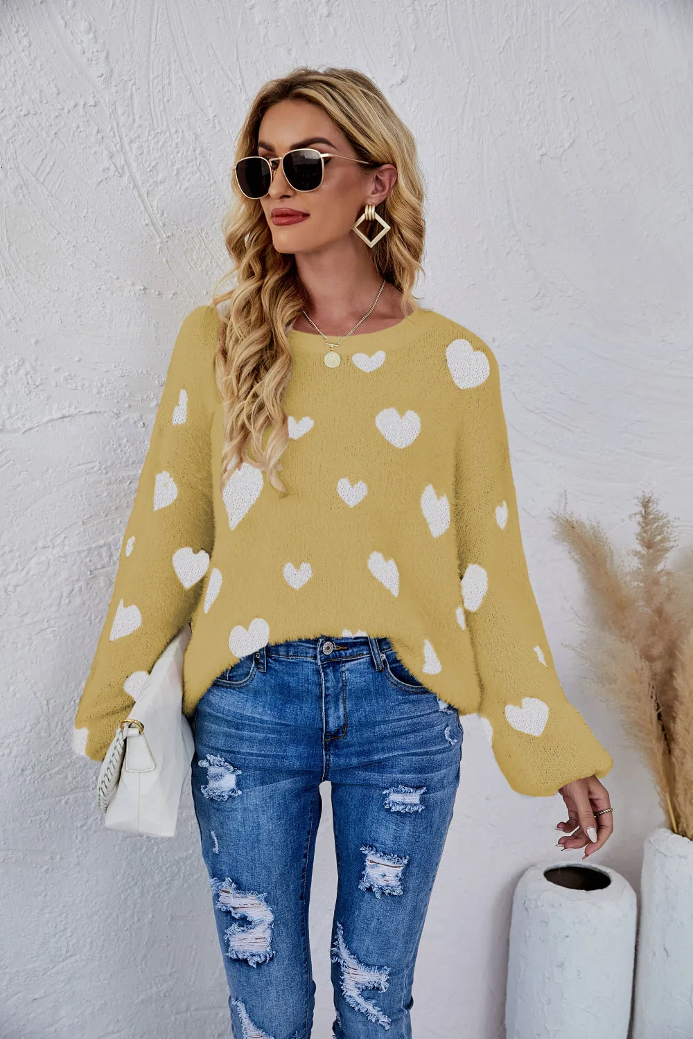 LADIES--HEART Fuzzy, Fun and Beautiful Sweater, Heart Print, Crewneck Long Sleeve Sweater