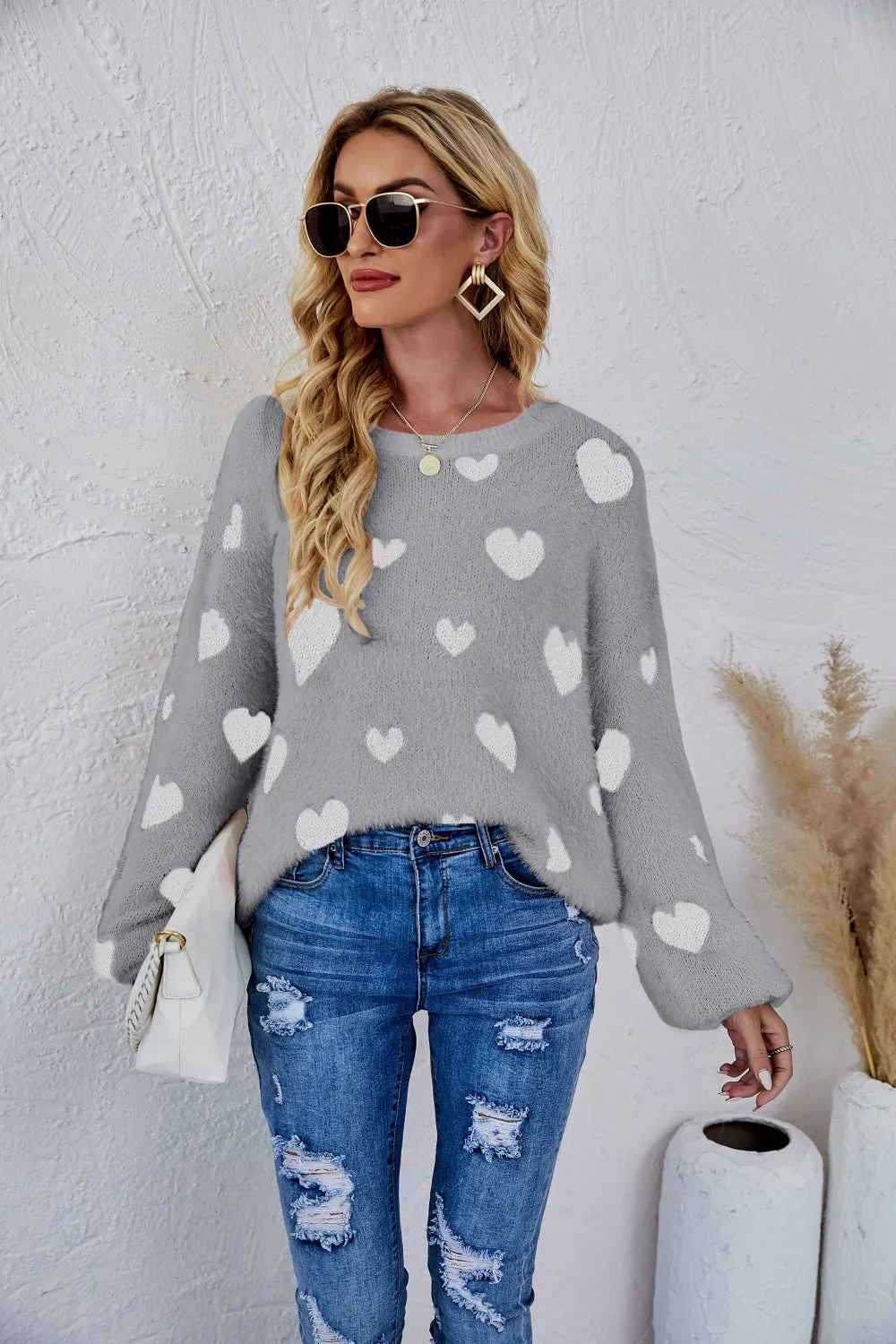 LADIES--HEART Fuzzy, Fun and Beautiful Sweater, Heart Print, Crewneck Long Sleeve Sweater