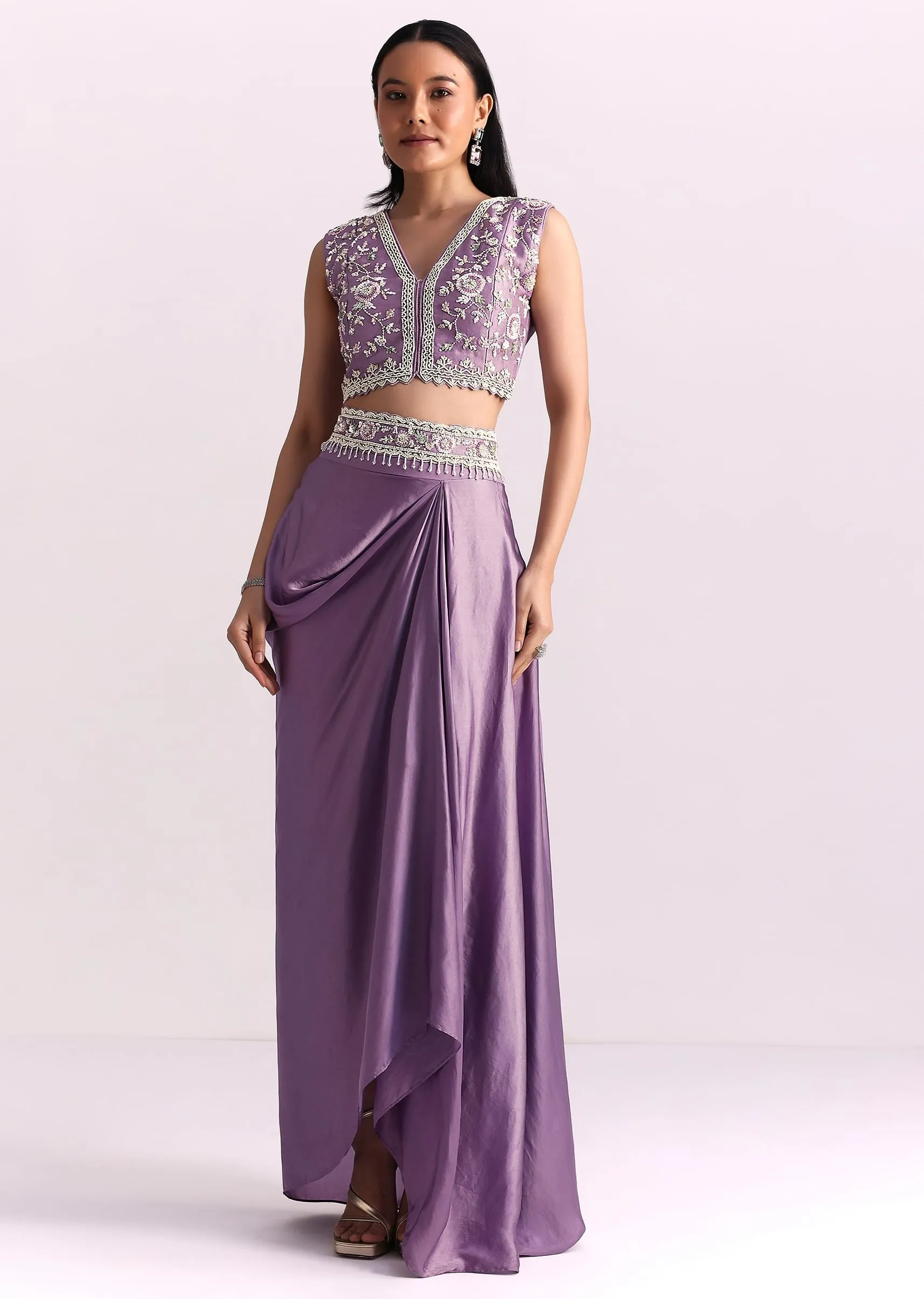 Lavender Moti Work Crop Top Suit Embroidered Jacket