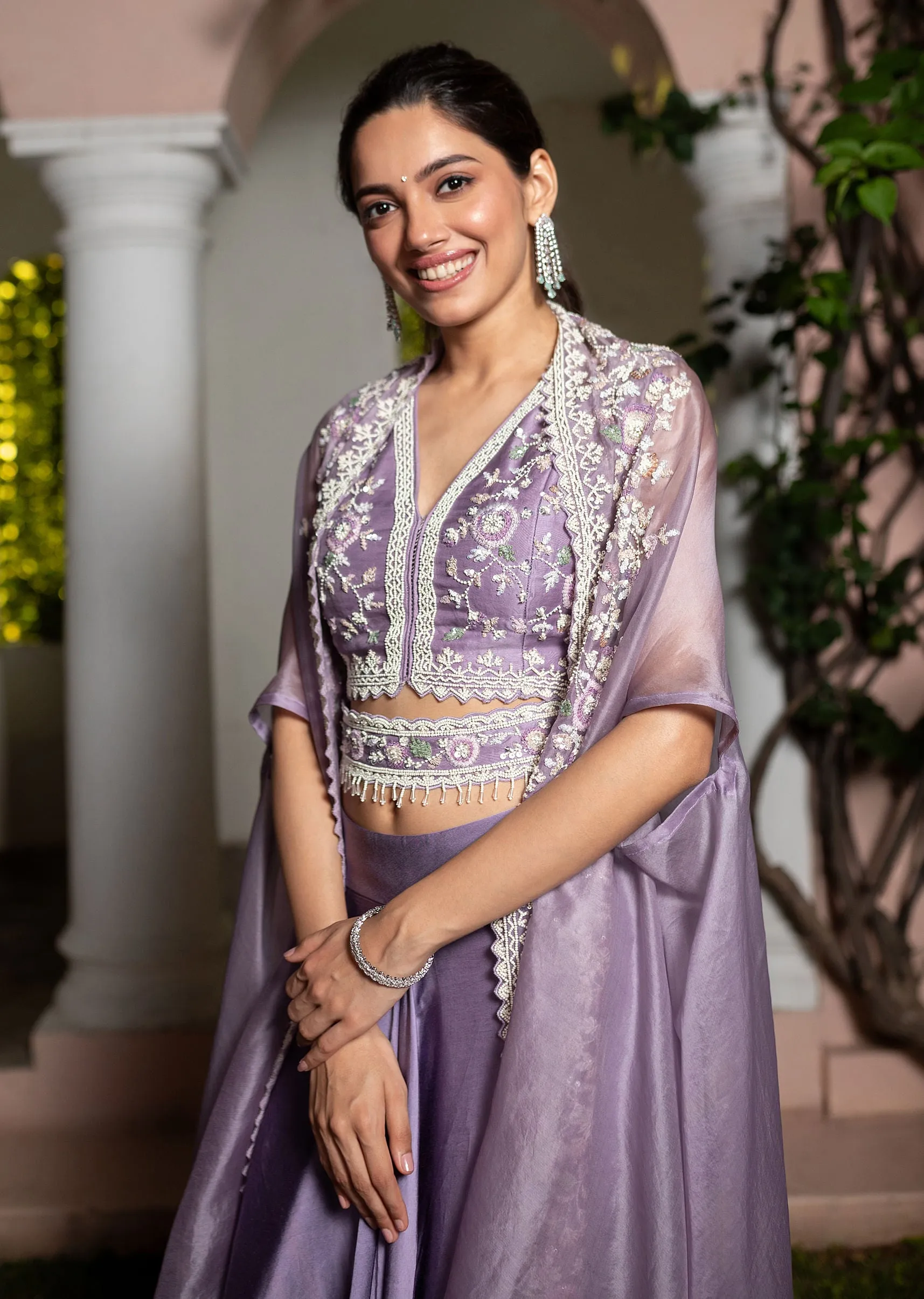Lavender Moti Work Crop Top Suit Embroidered Jacket