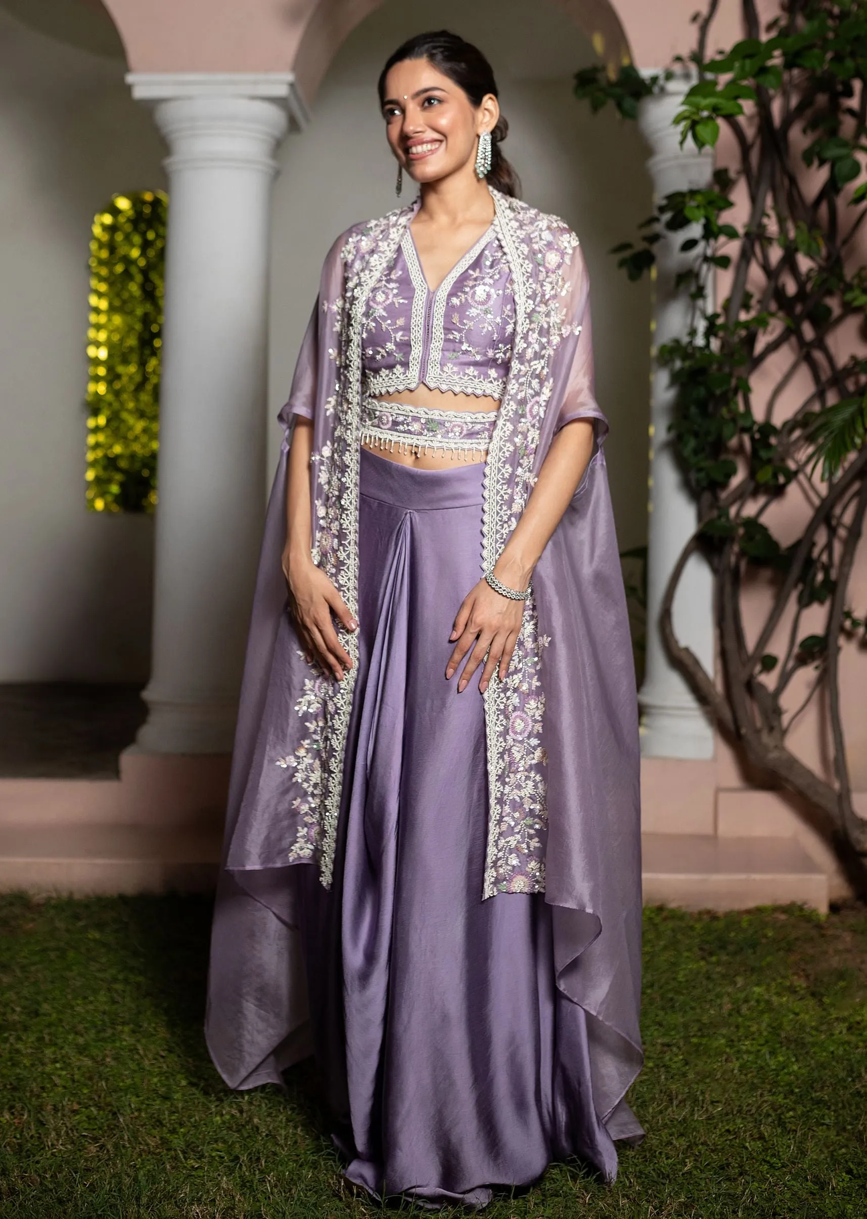 Lavender Moti Work Crop Top Suit Embroidered Jacket