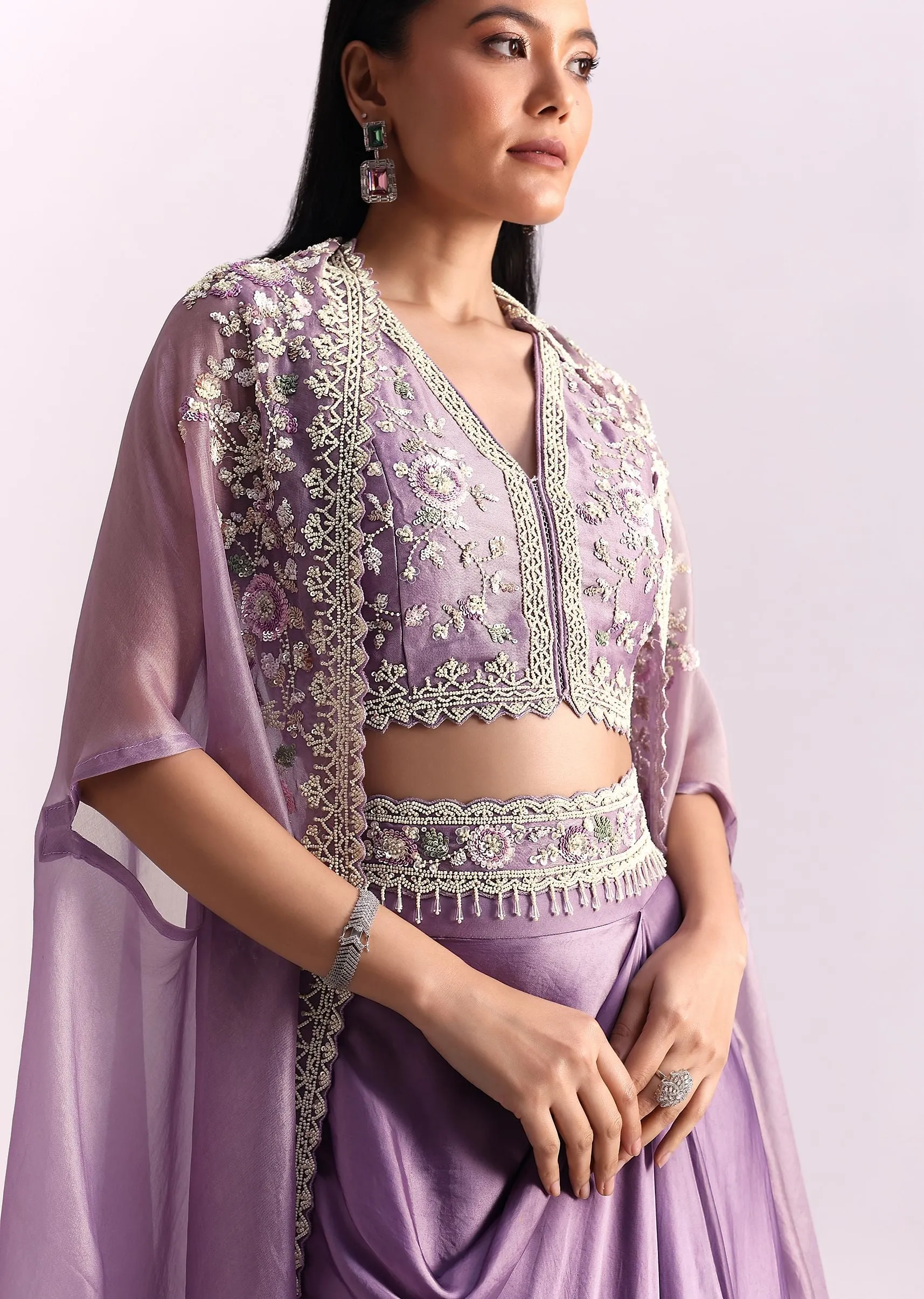 Lavender Moti Work Crop Top Suit Embroidered Jacket
