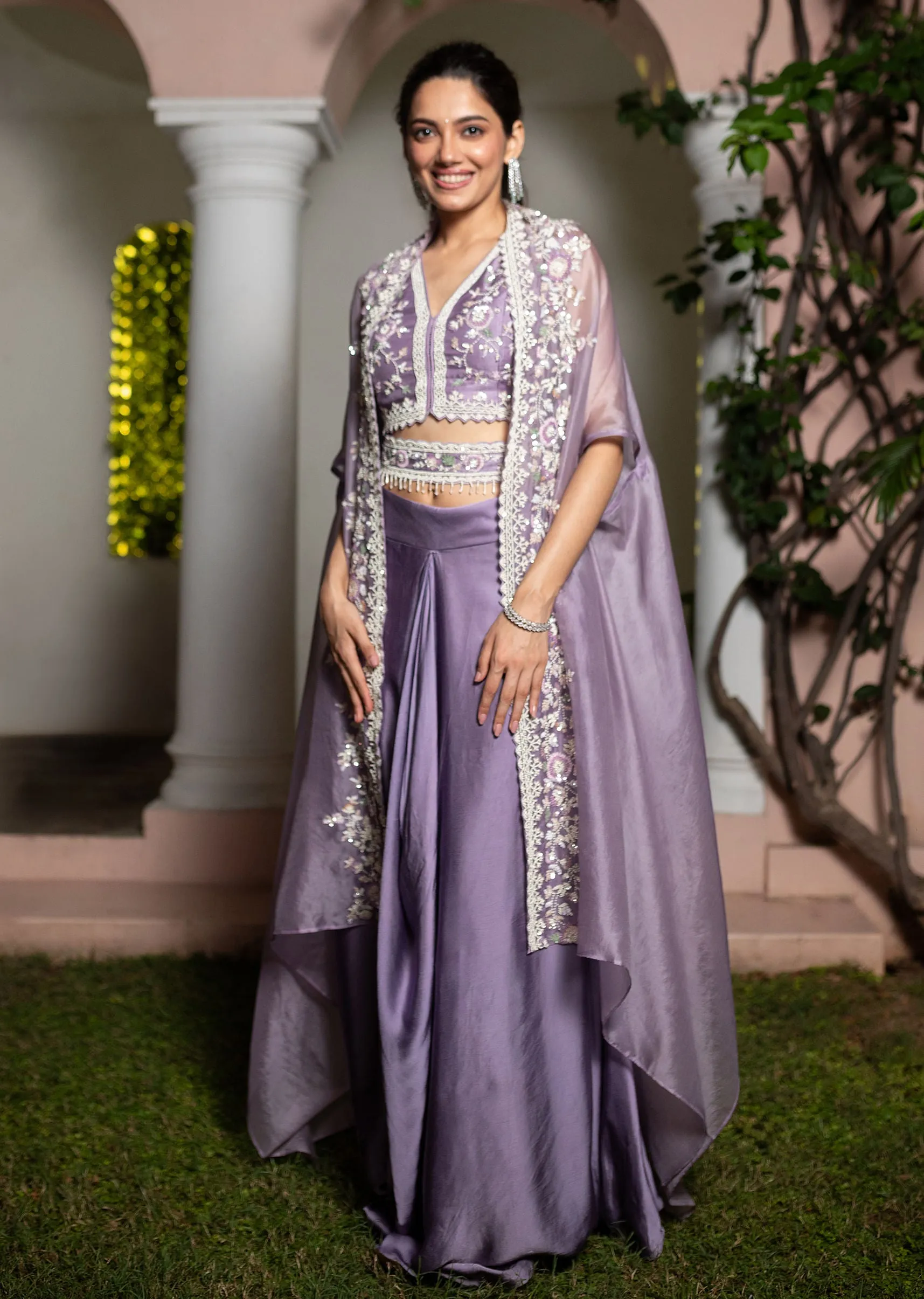 Lavender Moti Work Crop Top Suit Embroidered Jacket