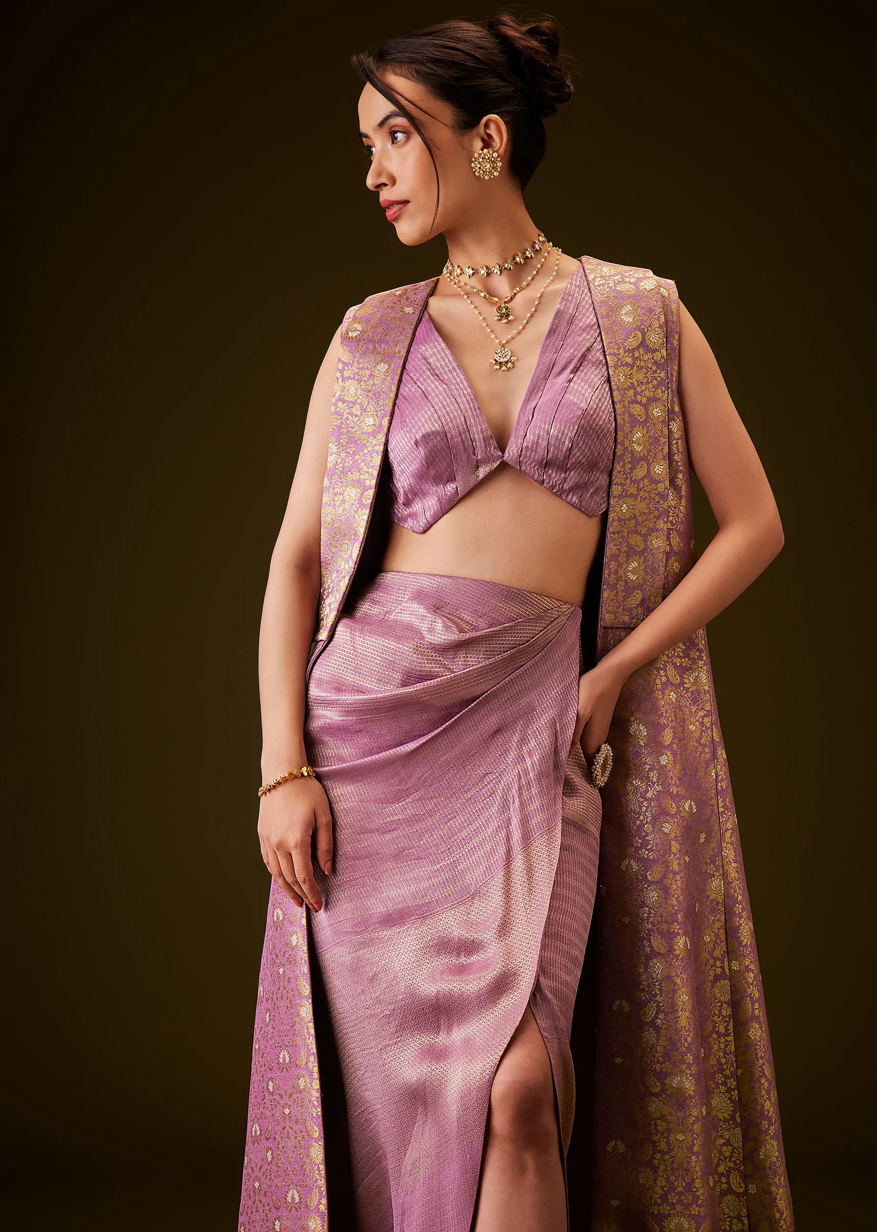 Lilac Brocade Long Jacket With Pre Draped Skirt And Blouse