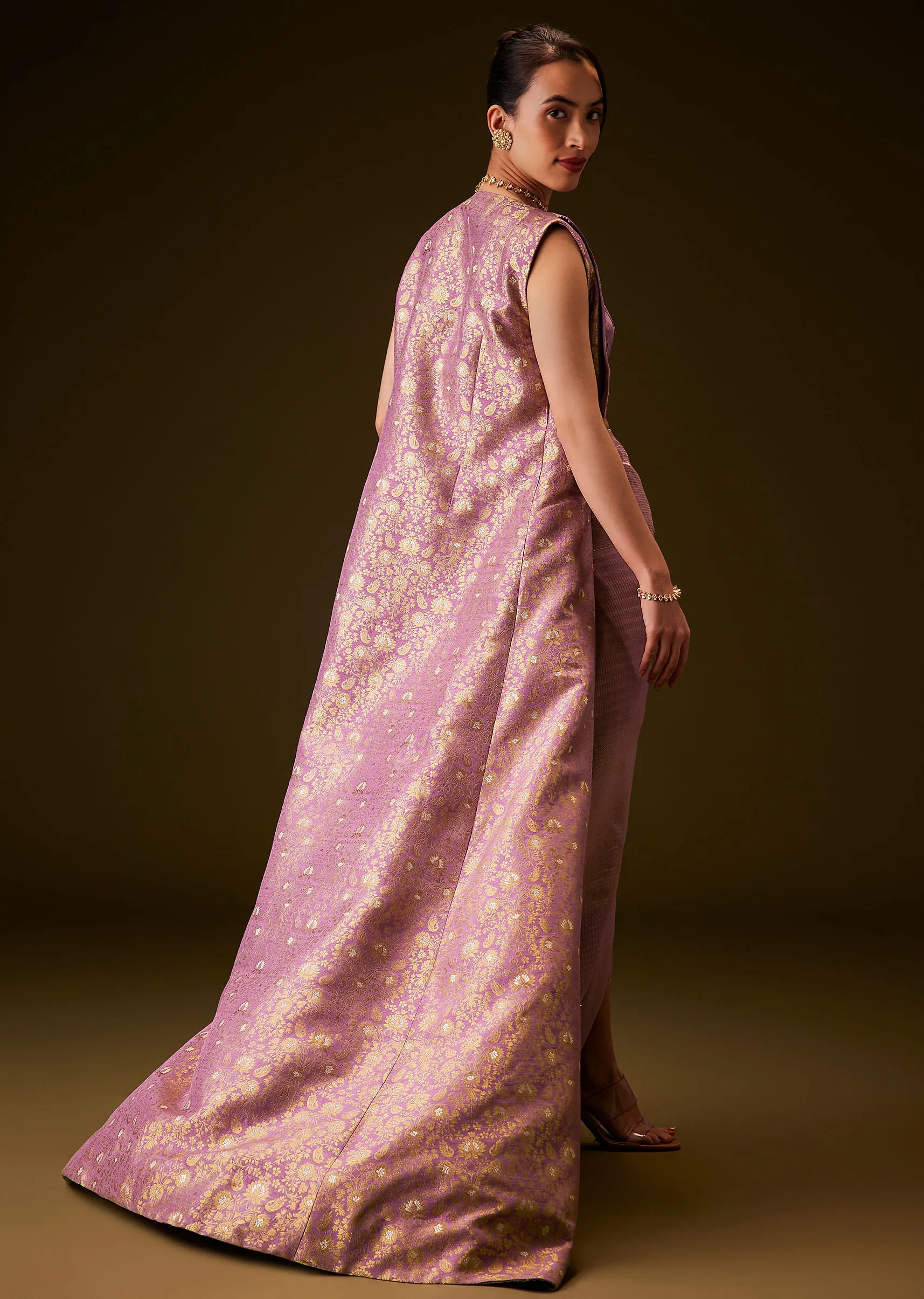 Lilac Brocade Long Jacket With Pre Draped Skirt And Blouse