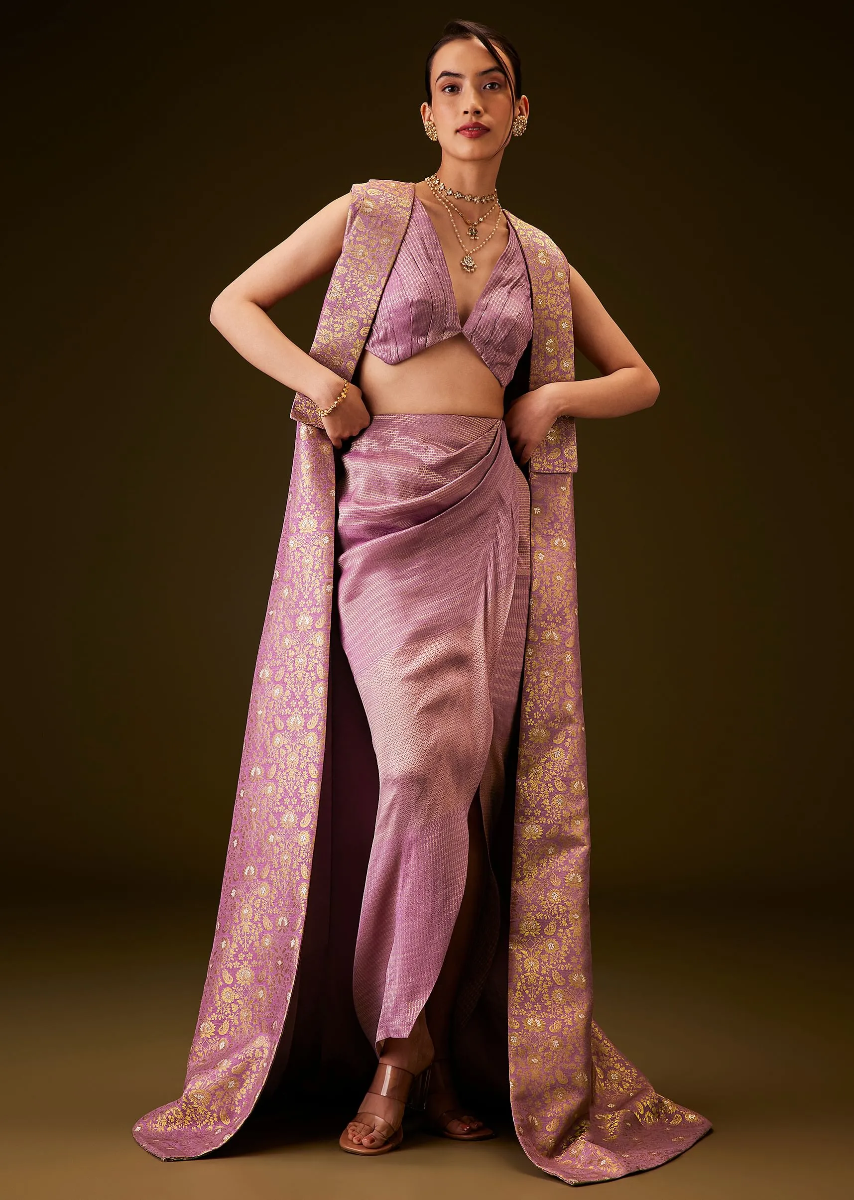 Lilac Brocade Long Jacket With Pre Draped Skirt And Blouse