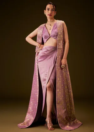 Lilac Brocade Long Jacket With Pre Draped Skirt And Blouse