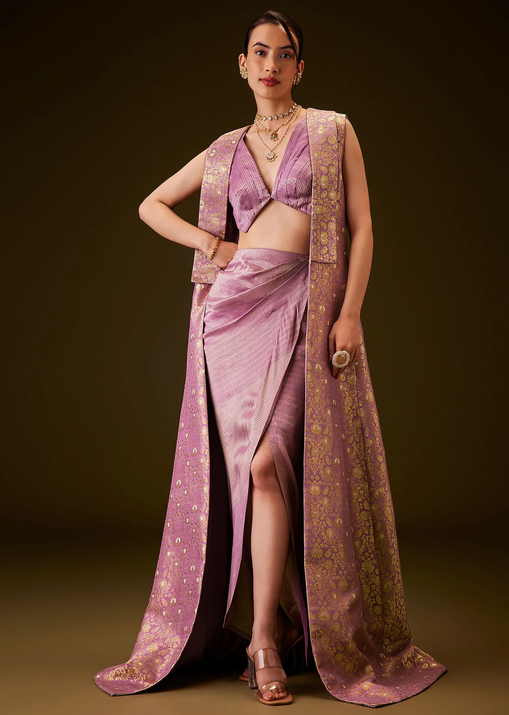 Lilac Brocade Long Jacket With Pre Draped Skirt And Blouse