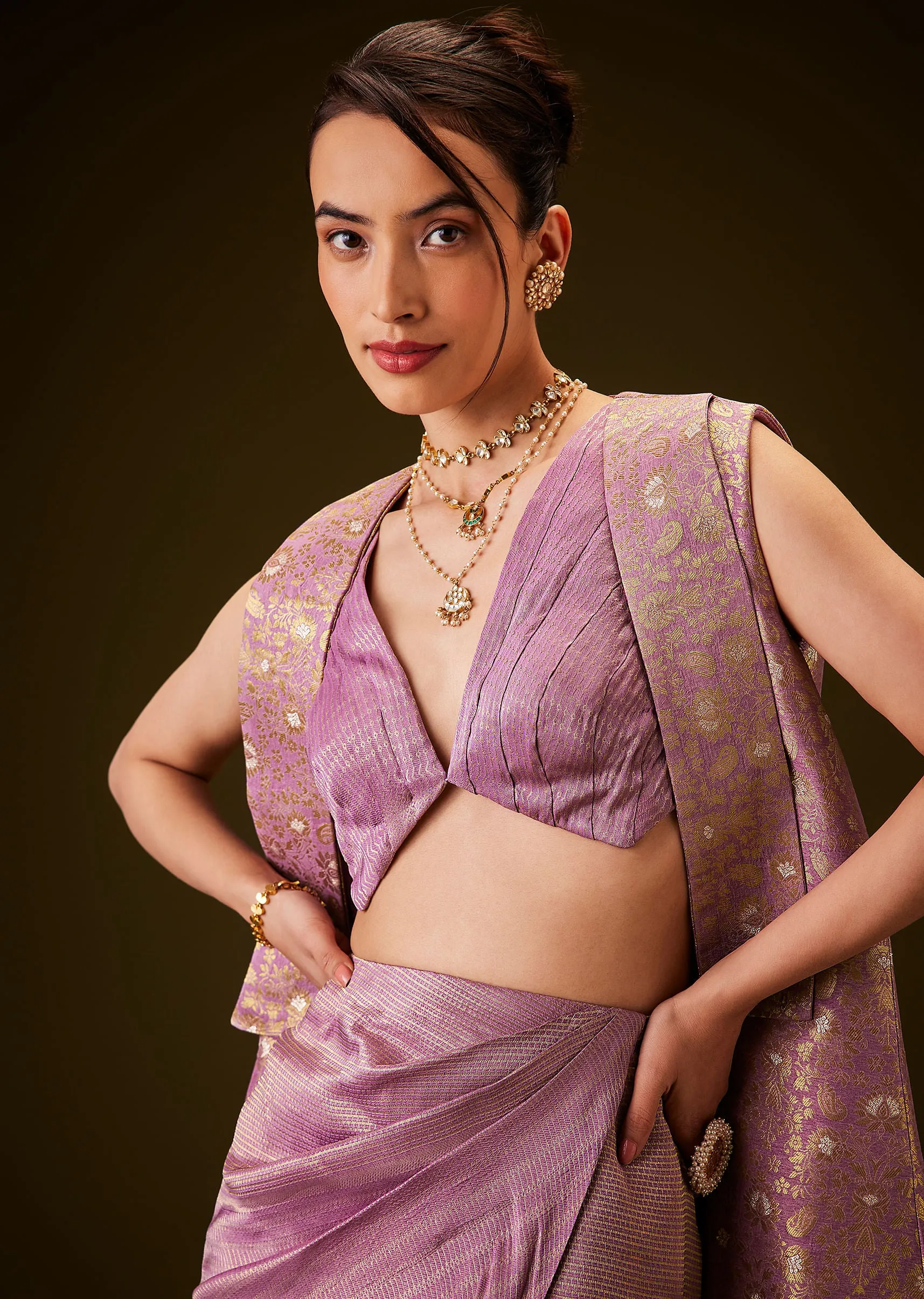 Lilac Brocade Long Jacket With Pre Draped Skirt And Blouse
