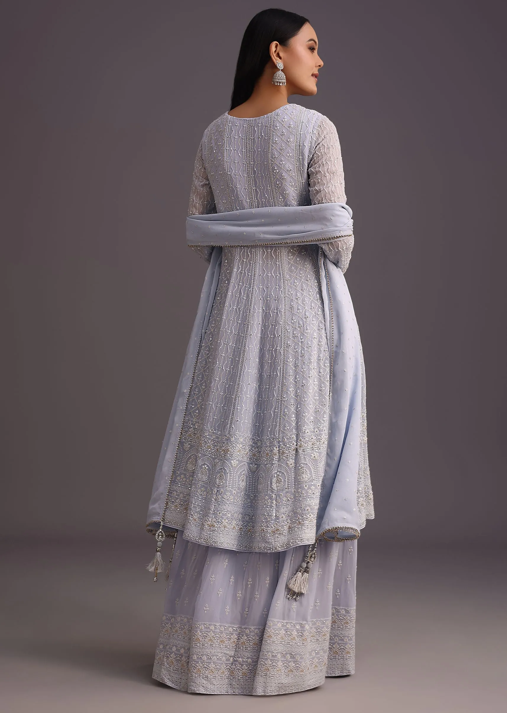 Lilac Embroidered Kurti With Banarasi Weave Skirt And Butti Work Dupatta