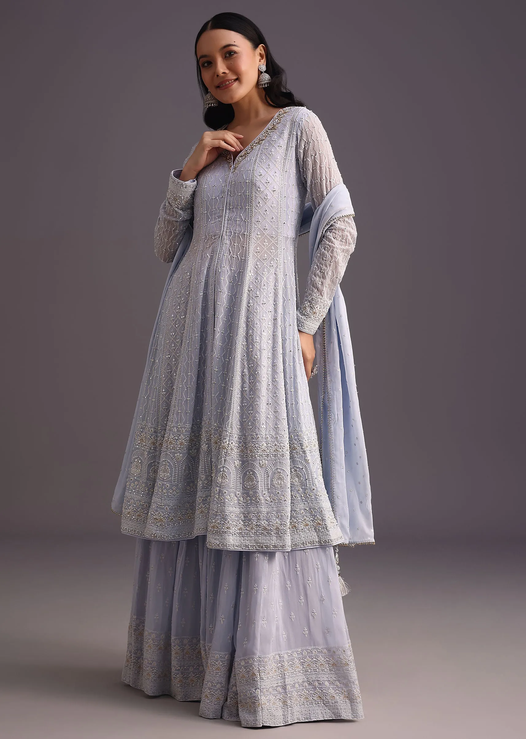 Lilac Embroidered Kurti With Banarasi Weave Skirt And Butti Work Dupatta