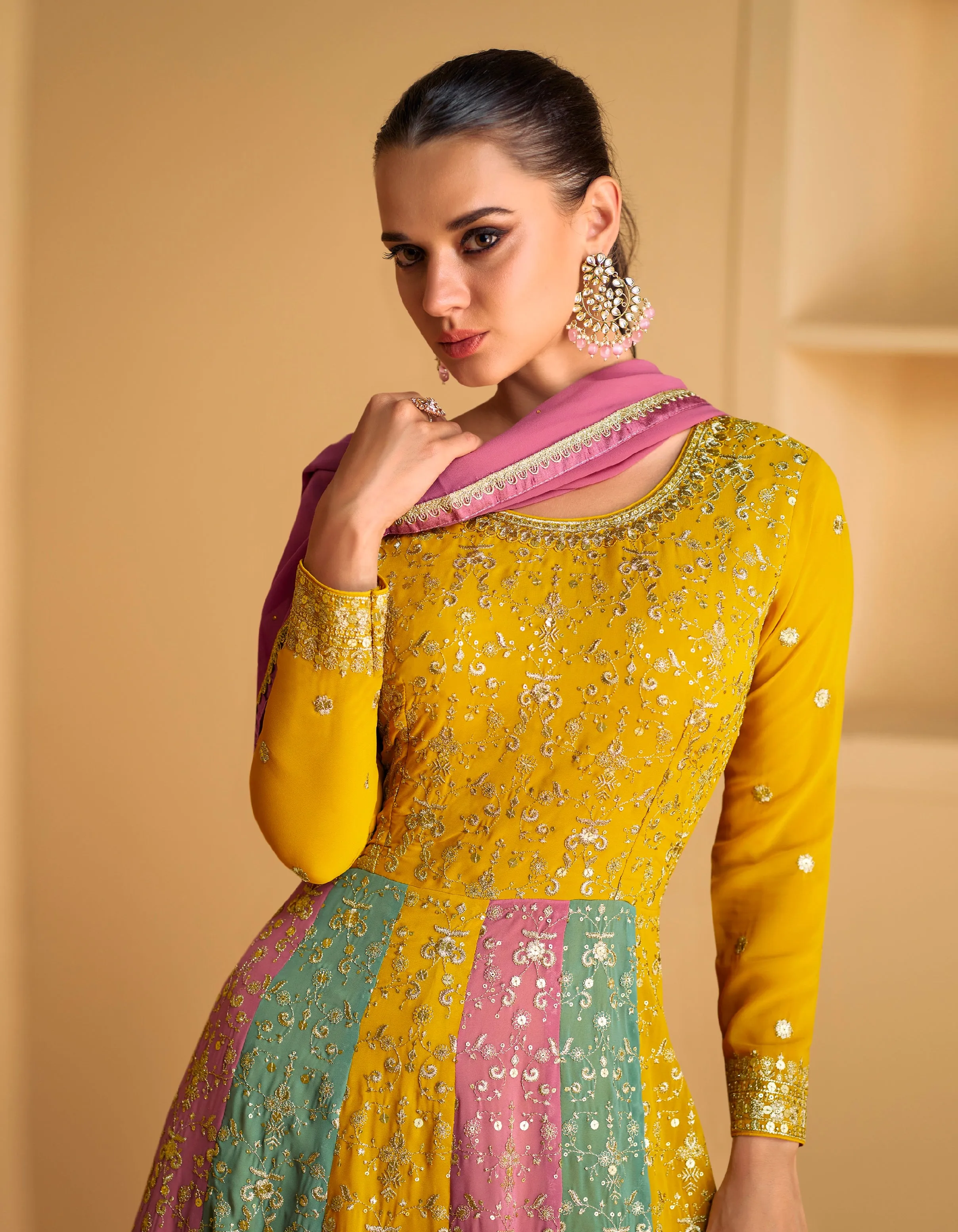 Multicolor Real Georgette Anarkali Suit with Pink Dupatta