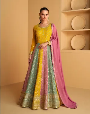 Multicolor Real Georgette Anarkali Suit with Pink Dupatta