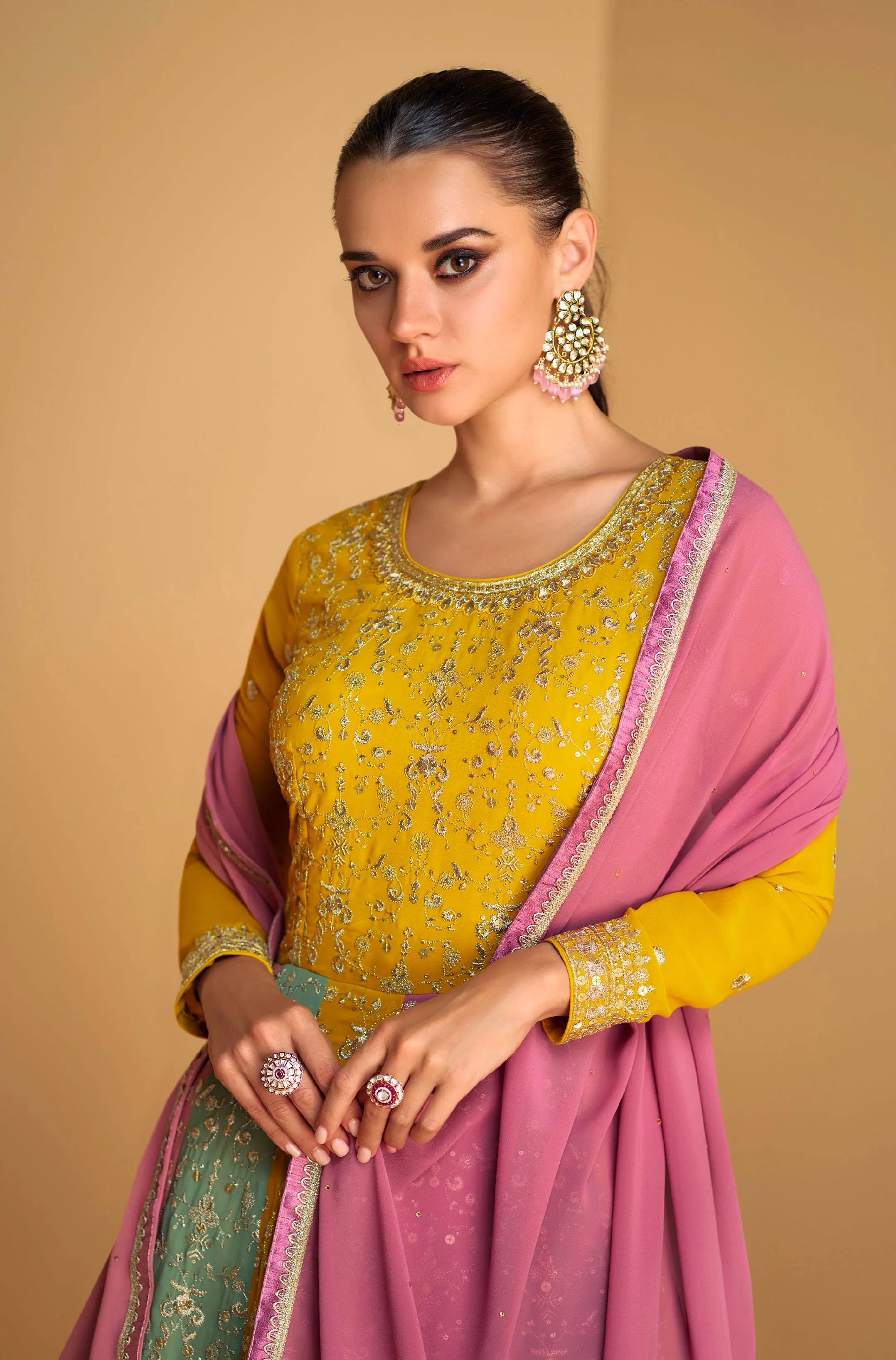 Multicolor Real Georgette Anarkali Suit with Pink Dupatta
