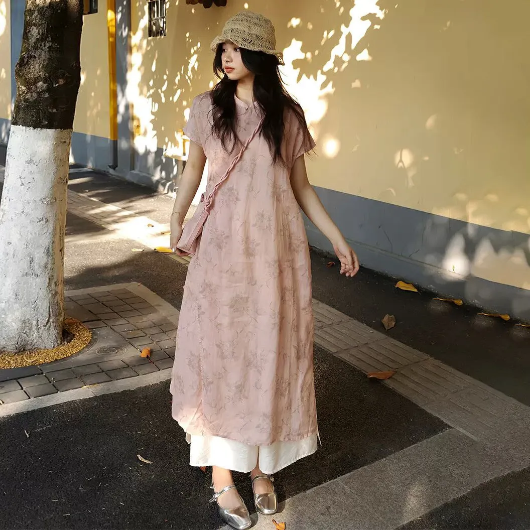 New Chinese ramie dress women's summer design long dress pink improved cheongsam with B0810