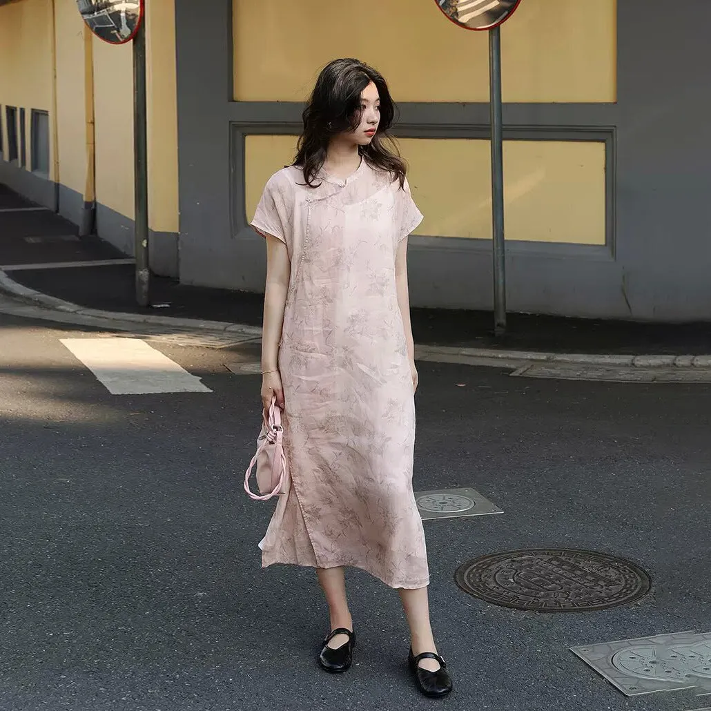 New Chinese ramie dress women's summer design long dress pink improved cheongsam with B0810