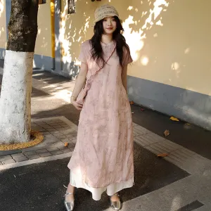 New Chinese ramie dress women's summer design long dress pink improved cheongsam with B0810
