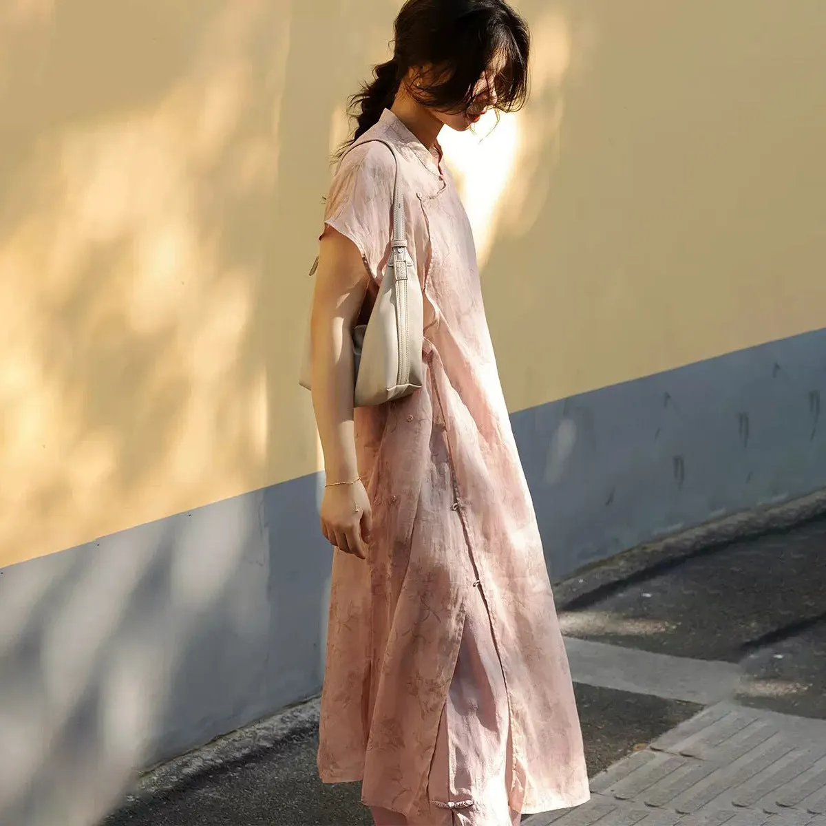 New Chinese ramie dress women's summer design long dress pink improved cheongsam with B0810