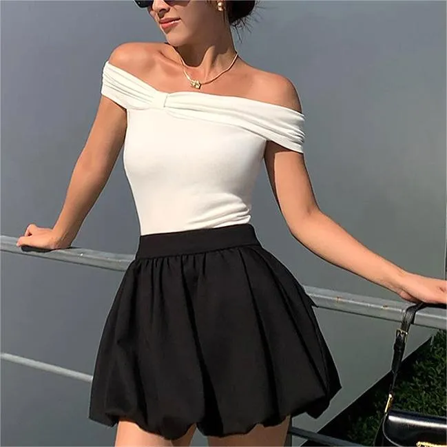 Office Simple Solid Color off Neck Reverse Slim Fit Slimming Top Women All Match