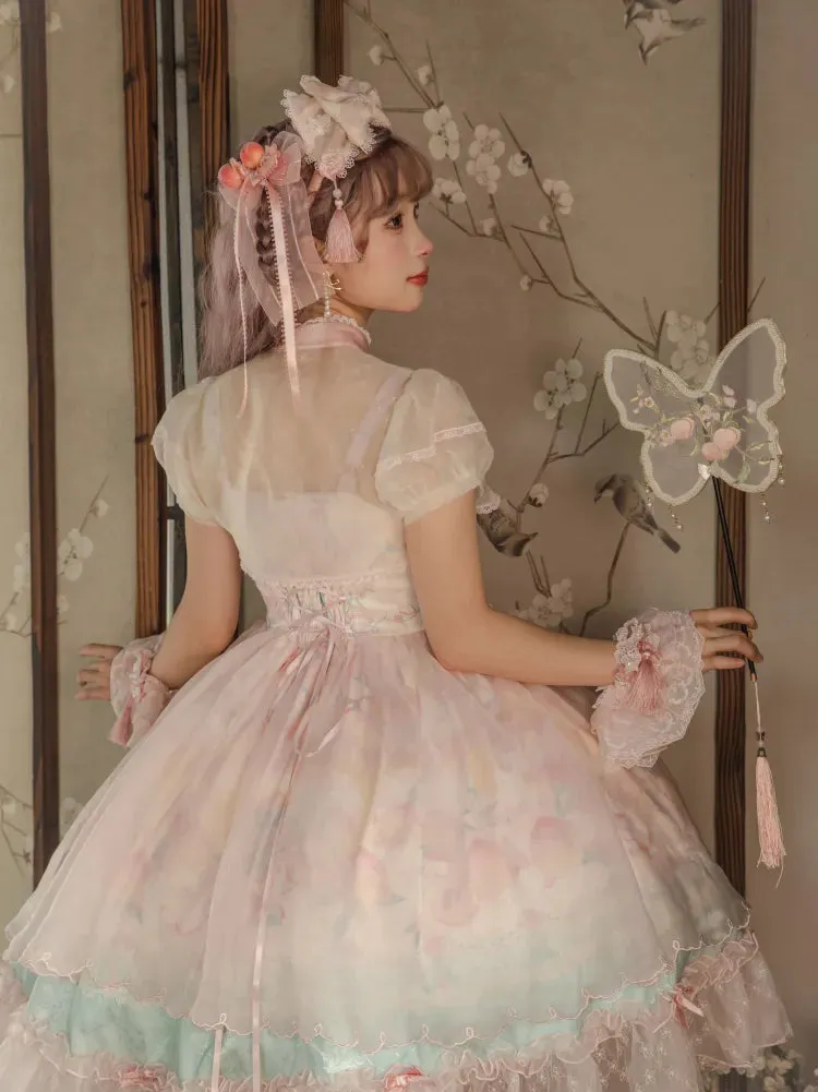 Pink Cheongsam Collar Creamy Puff Sleeves Cropped Top