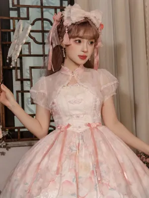 Pink Cheongsam Collar Creamy Puff Sleeves Cropped Top