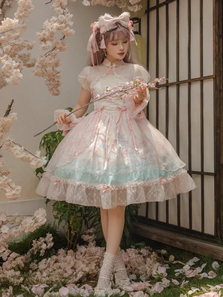 Pink Cheongsam Collar Creamy Puff Sleeves Cropped Top