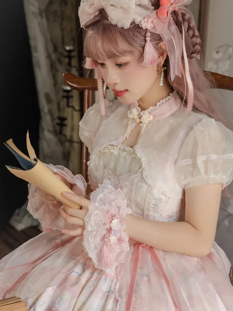 Pink Cheongsam Collar Creamy Puff Sleeves Cropped Top
