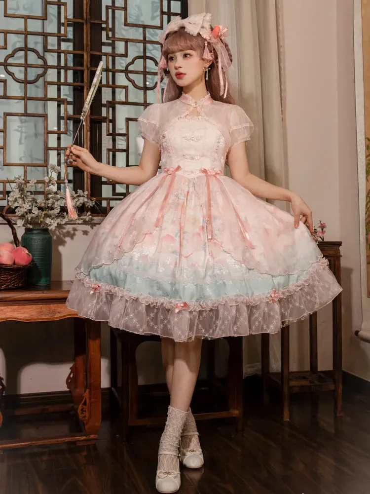 Pink Cheongsam Collar Creamy Puff Sleeves Cropped Top
