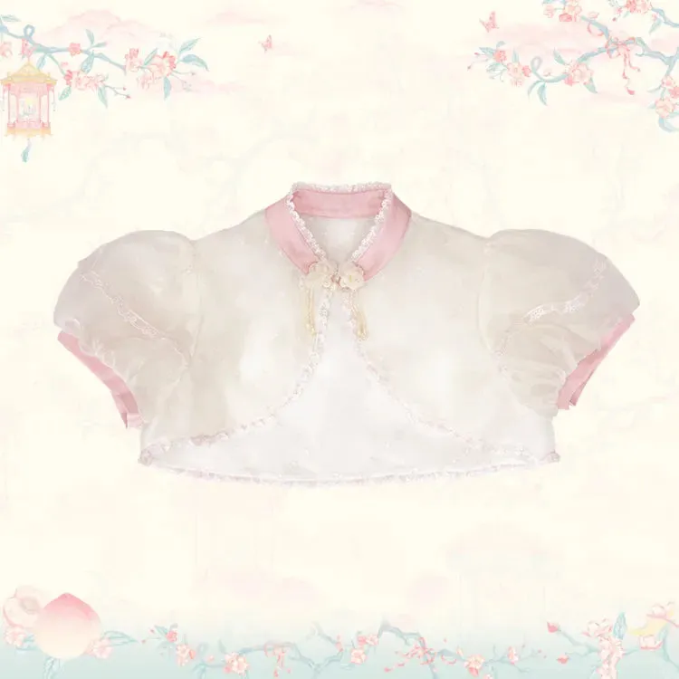 Pink Cheongsam Collar Creamy Puff Sleeves Cropped Top