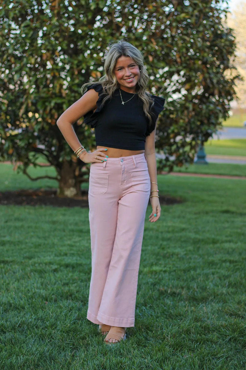Rachel's Ribbed Ruffle Top (Blue, Black, & Ivory)