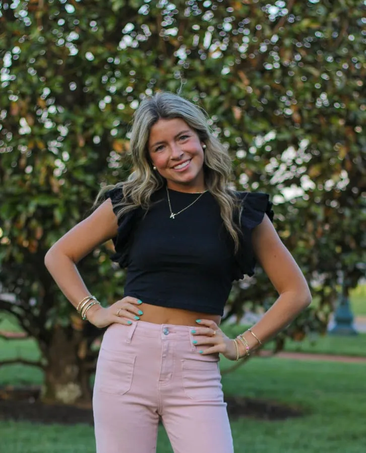 Rachel's Ribbed Ruffle Top (Blue, Black, & Ivory)