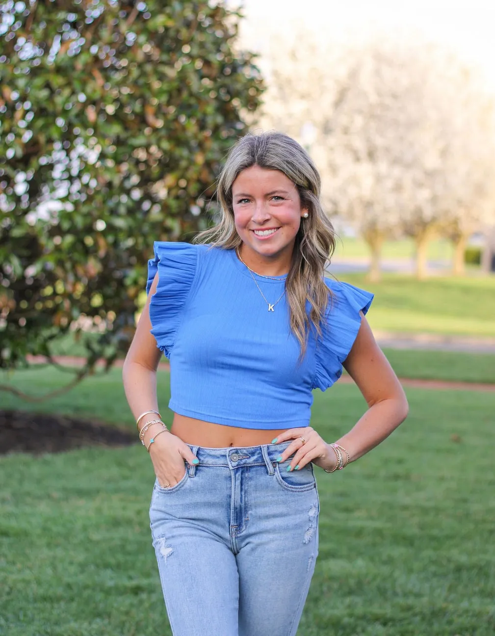 Rachel's Ribbed Ruffle Top (Blue, Black, & Ivory)
